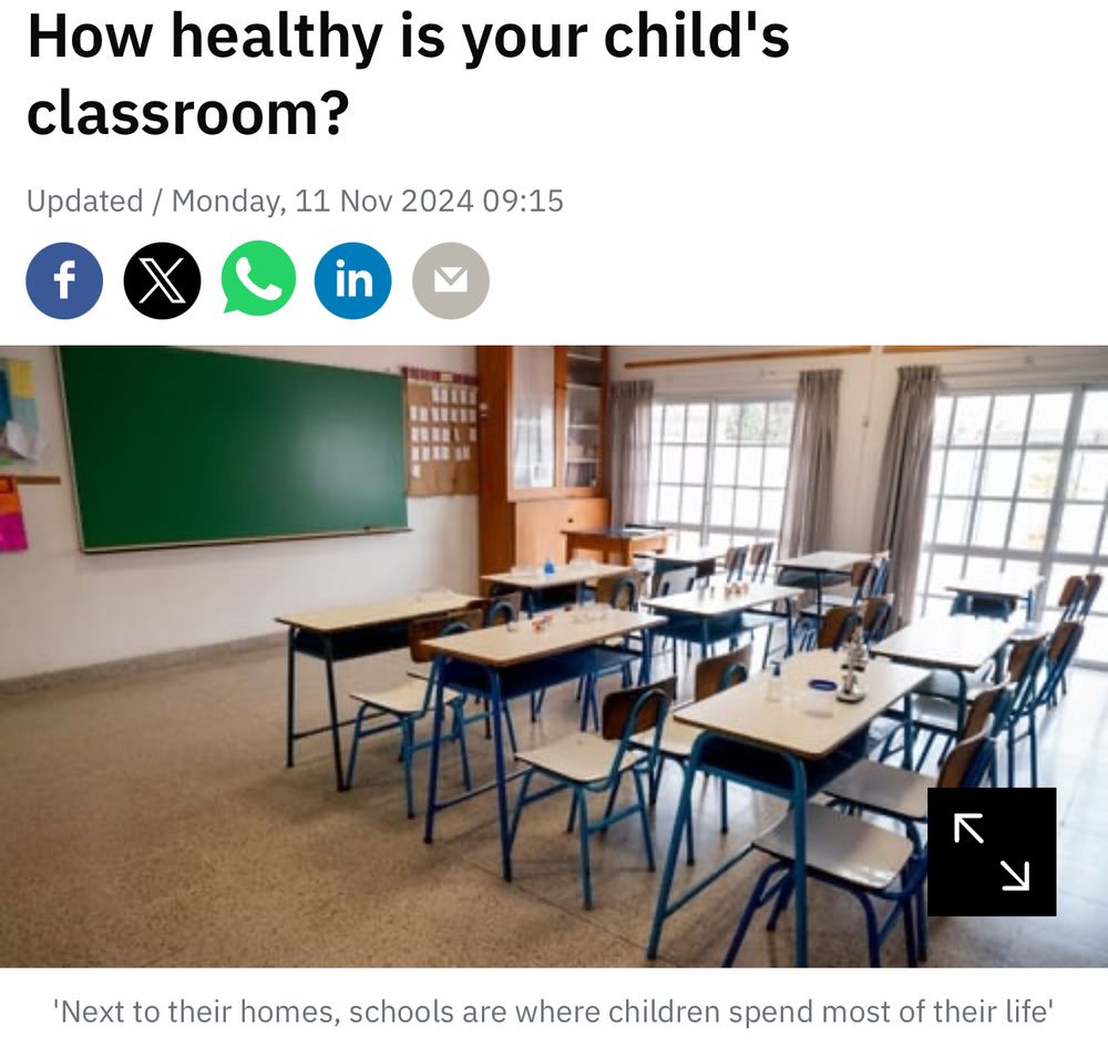 Headline image of an empty classroom with the words “how healthy is your child’s classroom”