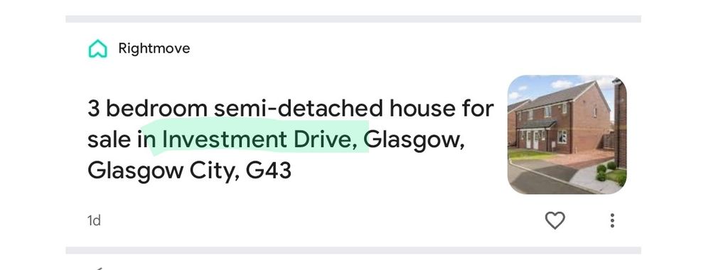 A rightmove advertisement for a modern boxy looking house in Glasgow whose address is listed as Investment Drive