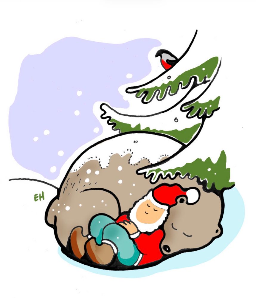 Joulukorttikuvitus, tonttu nukkuu karhun kainalossa kuusen alla