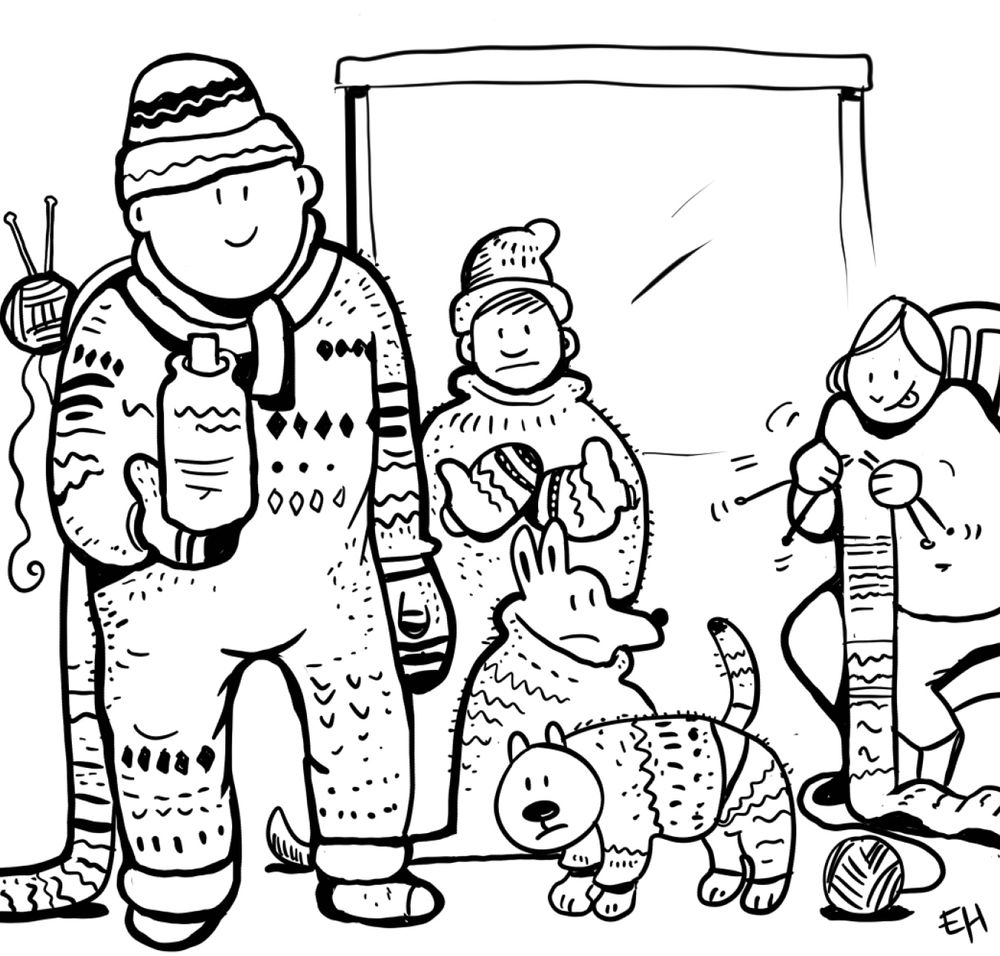 Piirroskuva nainen kutoo taustalla innokkaasti, etualalla mies, kissa, koira ja poika, kaikilla kudotut villaiset asut, miehellä jopa lanka ja puikot selässä