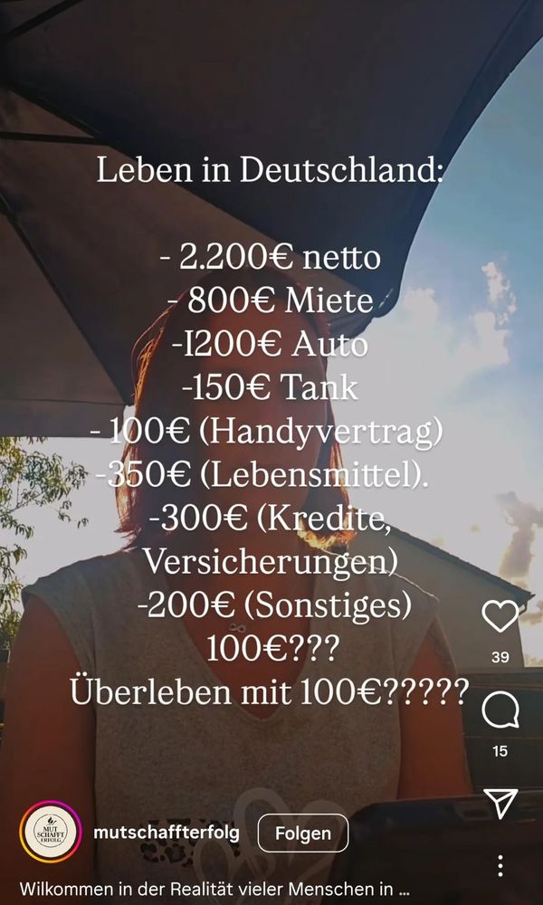 Insta-Ausschnitt. 1200 Euro für Auto im Monat bei 2200 Euro Gehalt