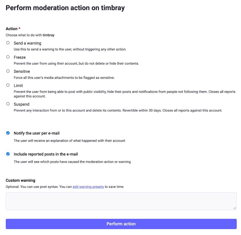 More actions available to a Mastodon moderator