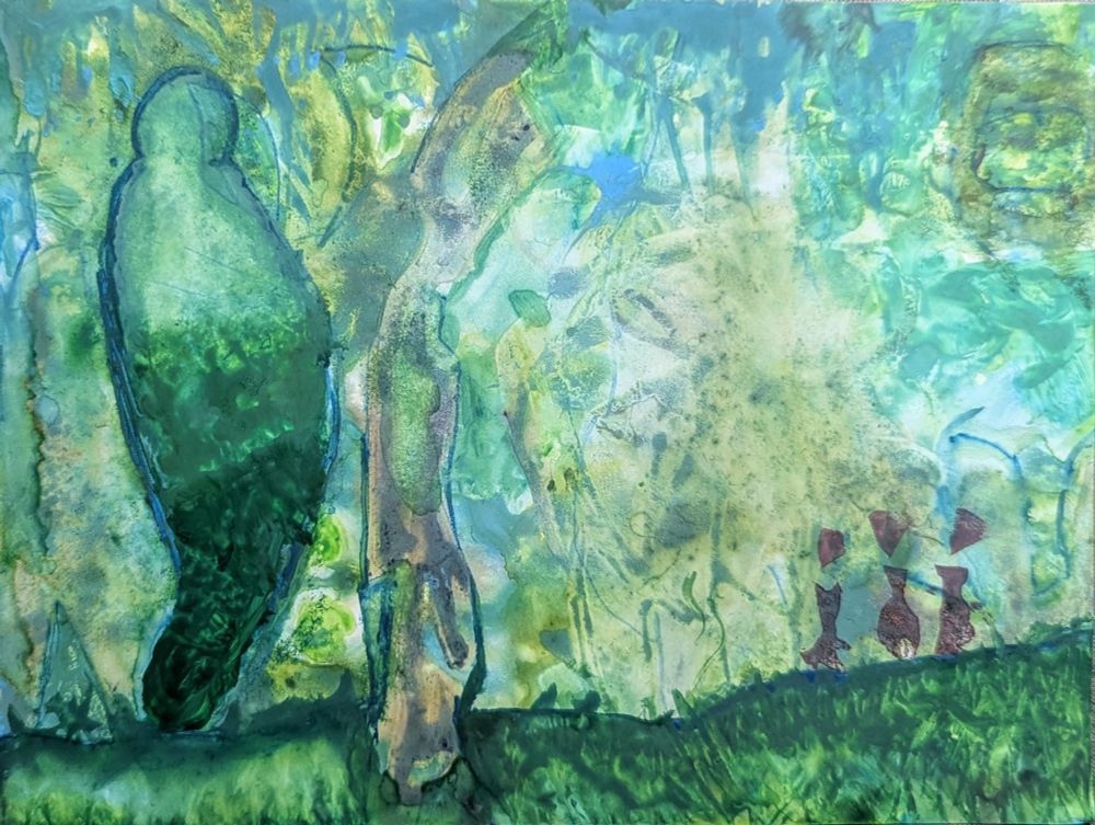 A large green figure stands behind the veil (a tree?). She unimpressed with the performance given by 3 trifling bitches.