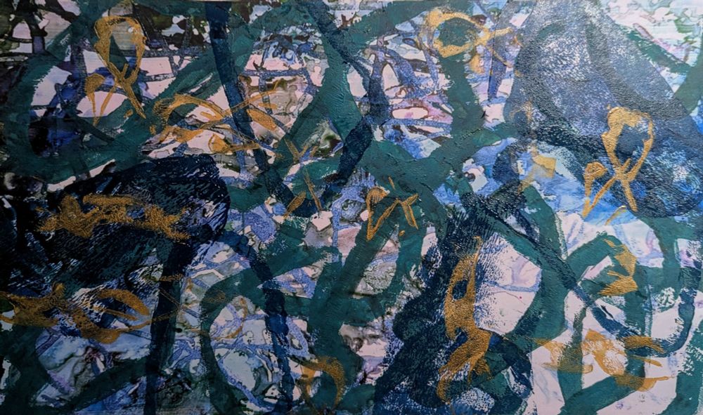 Very busing green, gold, blue and pink monoprint