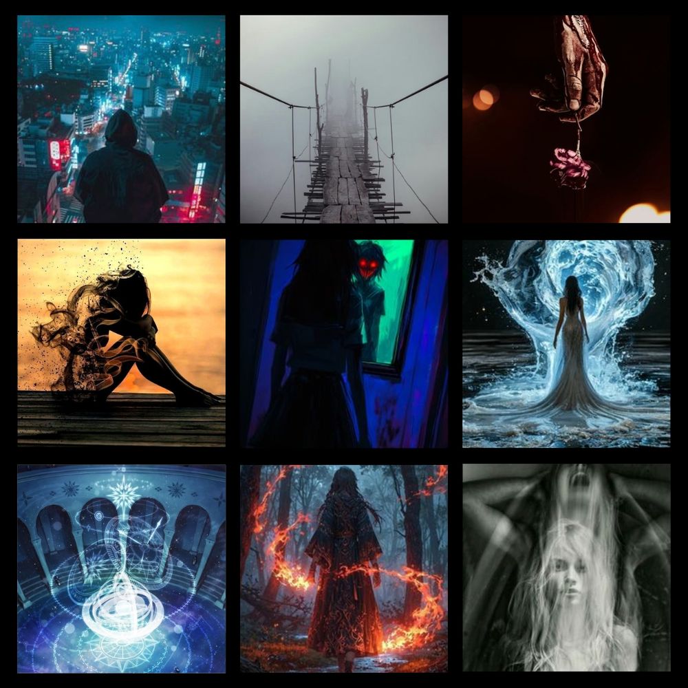 None pictures are arranged in a grid. 1 A person sits on a rooftop overlooking a city at night. 2 A rickety wooden bridge in the mist. 3 A bloody hand holds a small pink flower. 4 A silhouette of a girl hugs her knees as she dissolves into smoke with an orange backdrop. 5 A girl stares in the mirror, a scary face with red eyes smiles back. 6 A woman in a white gown with her back to the viewer and a glowing orb of water before her. 7 A bright magic circle projects a beam upward in an ancient building. 8 A girl walks through a dark forest with wisps of fire surrounding her. 9 A monochrome picture of a semi-transparent girl and an image of herself screaming upward.