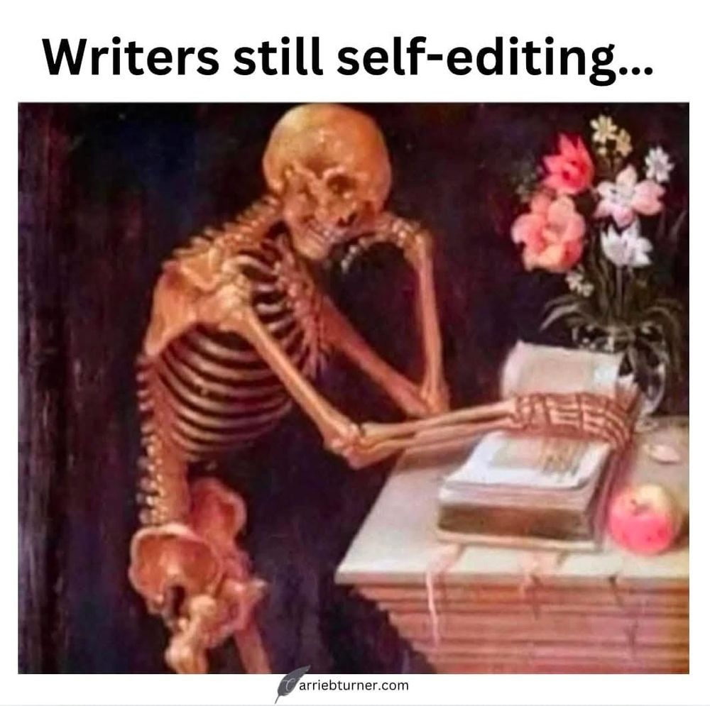 A skeleton with one hand under its chin, reading a book. The title says "Writers still self-educating..."