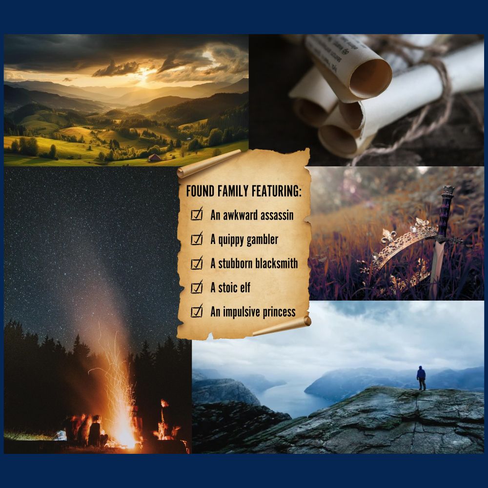 Five pictures are arranged around a block of text on a scroll. The scroll reads "Found family featuring: an awkward assassin, a quippy gambler, a stubborn blacksmith, a stoic elf, an impulsive princess." The five pictures depict a grassy landscape with a setting sun, a stack of rolled up scrolls bound by string, a dagger and crown laid on the grass, a campfire surrounded by people with many stars in the sky, and finally a person standing on the edge of a rocky mountain looking out over a misty river and mountains.