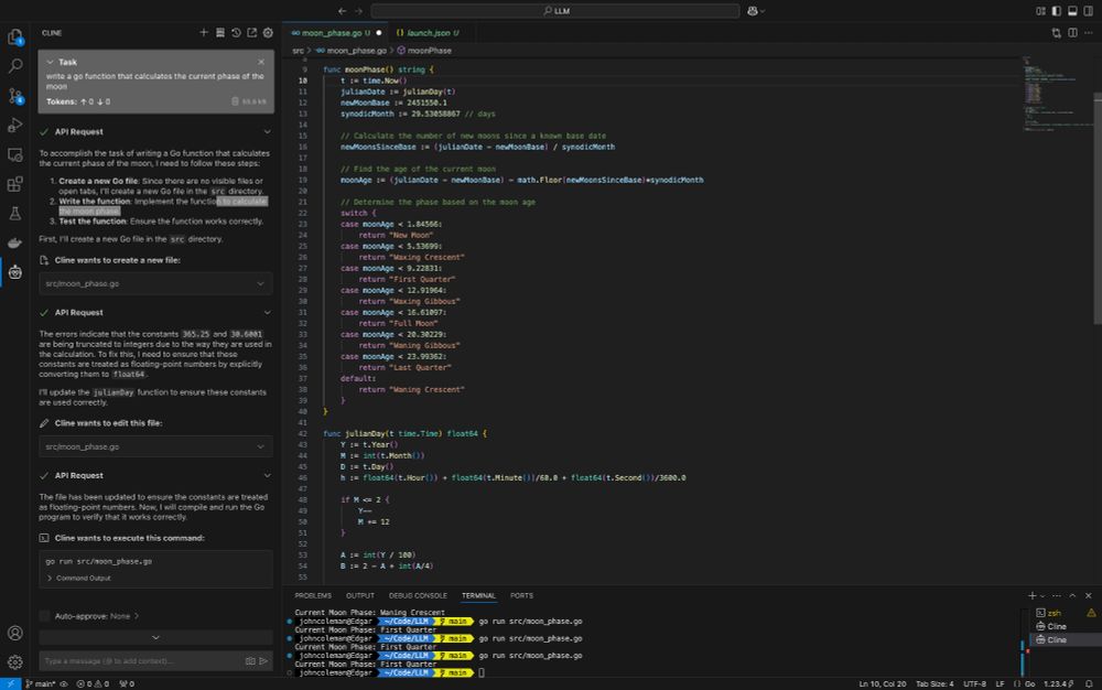 Screen capture of VSCode running Cline with LLM generated Go code.