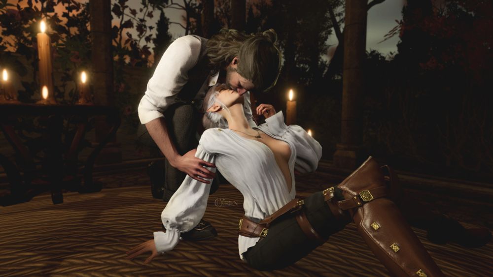 Vasa leans back while sitting on the ground, reaching to return Gale's kiss. It is sunset and they are in a romantic pavilion with a garden and candles.