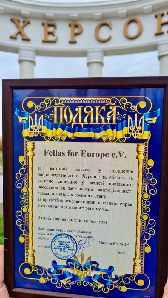 Thank you from the Head of the Municipal Emergency Services of the Kherson Region for your "significant contribution to strengthening the defense capability of Kherson City and Kherson Region, for your active contribution to protecting the civilian population and ensuring the vitality of the community under wartime conditions, for your professionalism in carrying out important tasks in this difficult time for us. With deep gratitude and respect, Head of the Municipal Emergency Services of the Kherson Region"