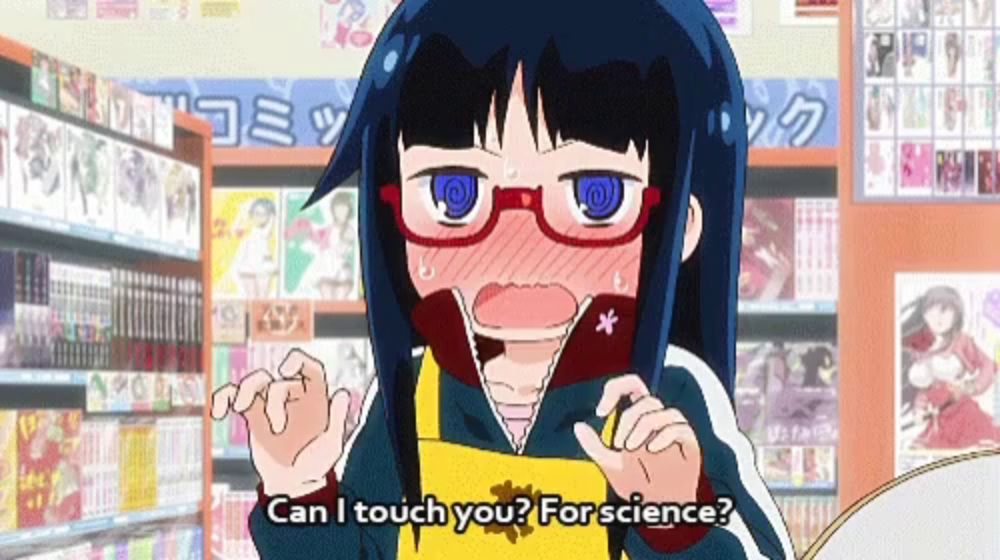 a girl with glasses says " can i touch you for science " in a store