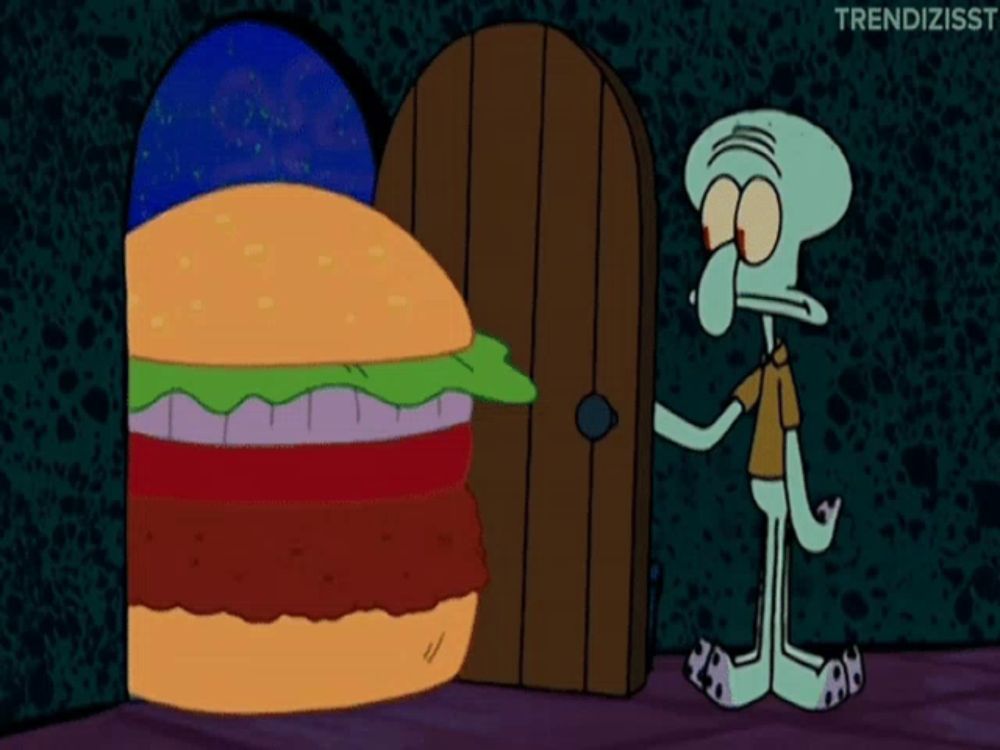 squidward from spongebob squarepants is eating a huge hamburger