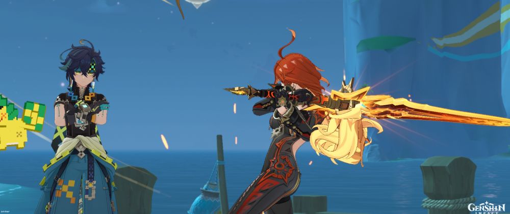 mavika from genshin impact winding up a greatsword at kinich