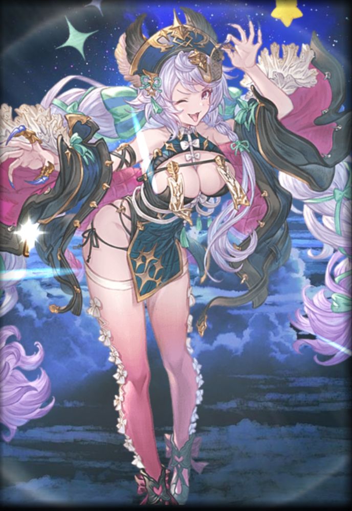 Halloween Satyr from Granblue Fantasy. she's dressed as a jiāngshī, a chinese hopping zombie/vampire (it's not a 1-to-1 to western myth). the style of the image indicates that she was just recruited.