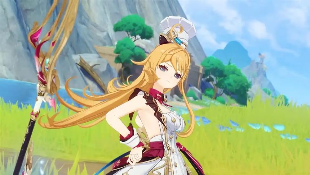 escoffier from genshin, her hands are on her hips in a saucy pose