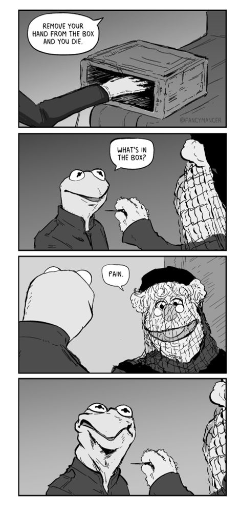The Gom Jabber scene from Dune, with Fozzie as the Reverend Mother and Kermit as Paul. Kermit asks, “what’s in the box?” and Fozzie answers, “Pain” and then Kermit scrunches his face. 