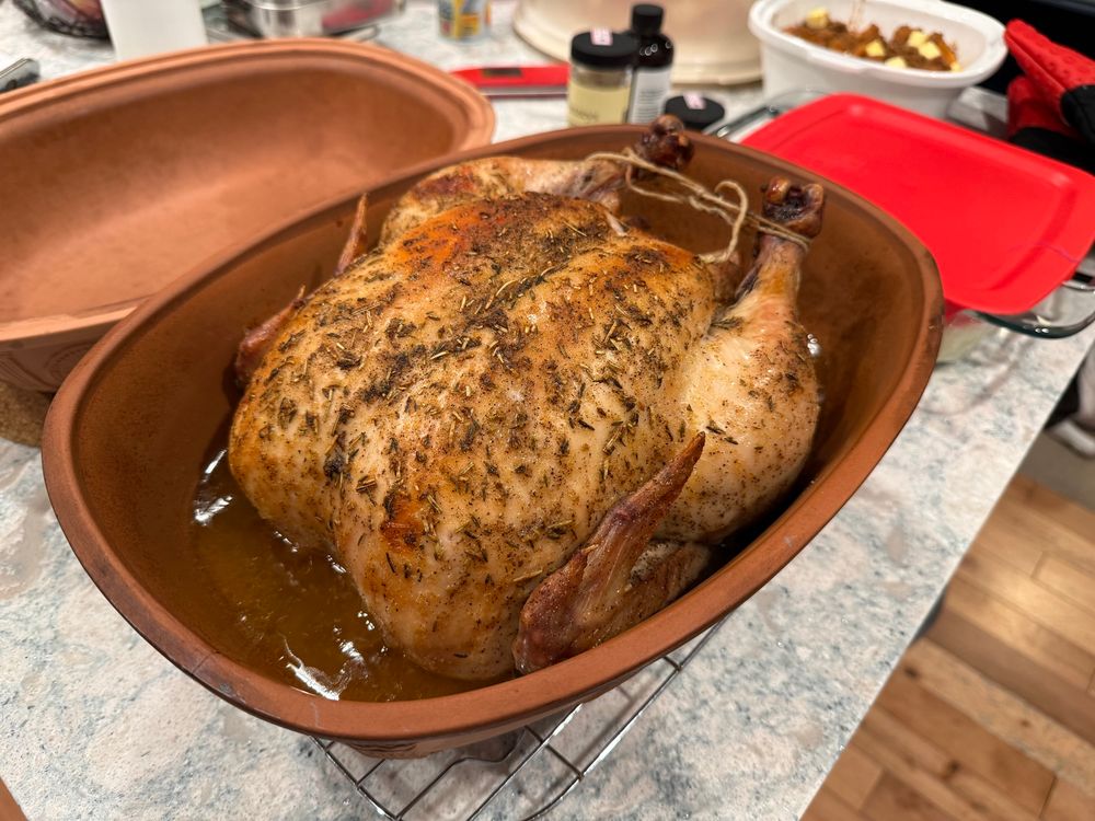 A baked capon flecked with herbs sits in a clay baker. The skin is golden brown. 