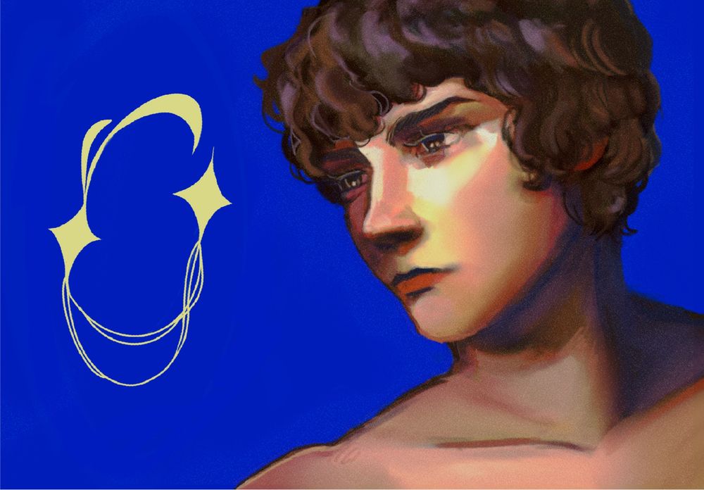 Fan art of Amuro ray from mobile suit gundam in 3/4 view facing left on a blue background with decorative stars in the background. The style references a baroque painting 