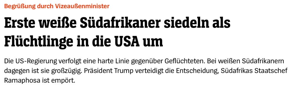 Bild von "Der Spiegel" Headline: "Erste weiße Südafrikaner siedeln als
Flüchtlinge in die USA um"