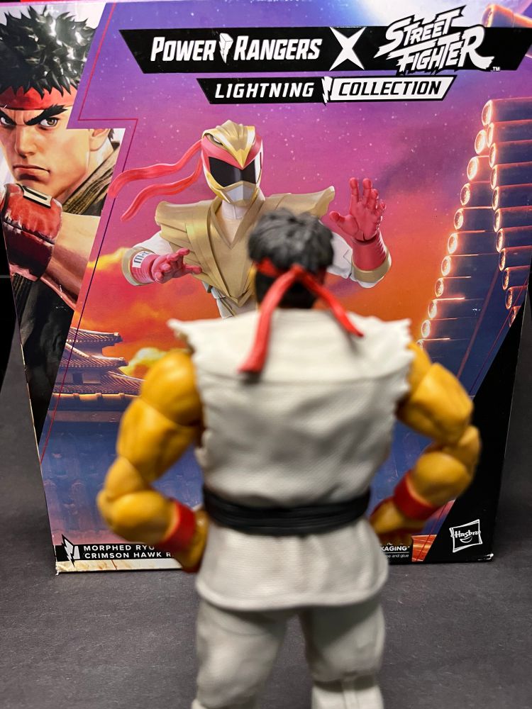 A Jada Toys Ryu figure looks at the box for the Power Rangers Lightning Collection x Street Fighter Morphed Ryu