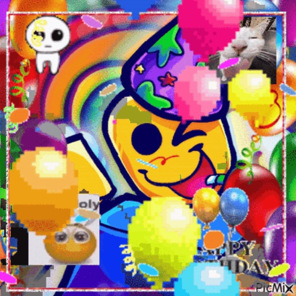 a pixel art of a smiley face wearing a party hat surrounded by colorful balloons .