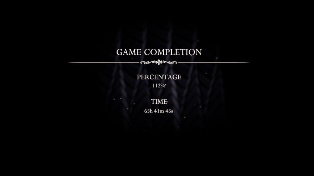 Screenshot of Hollow Knight's game completion readout after beating the game, showing up the full 112% completion with a time of 65 hours, 41 minutes, and 45 seconds 