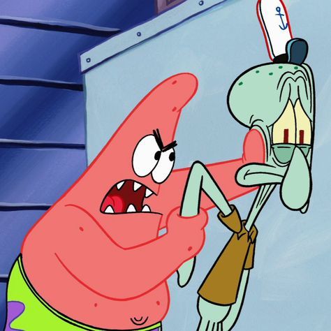 patrick star pinning squidward to the wall, as squidward looks concerned