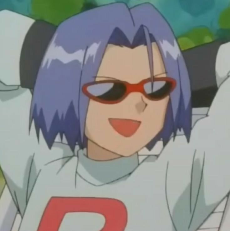 james from team rocket, wearing sunglasses, and rests his arms behind his head in a cocky pose, smirking and laughing