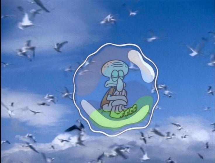 squidward floating in a bubble, sitting, hugging his legs as he closes his eyes and dozens of seagulls fly around him in the bubble as a threat