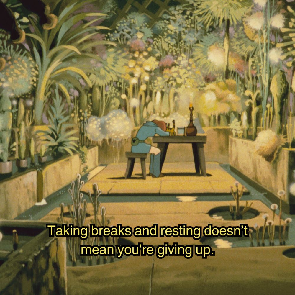 a scene from the Ghibli movie "nausicaä of the valley of the wind." a character is sitting at a desk with her head down, in a room filled with various colourful flora all lit up and giving off a calming glowing effect in a moment of solitude.