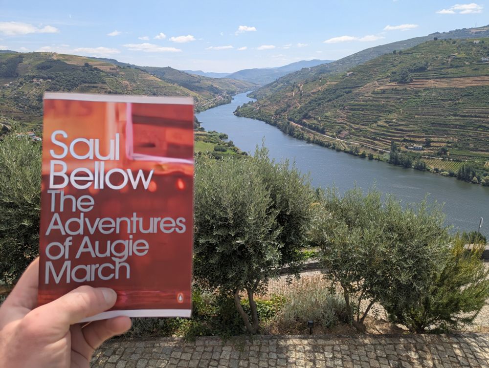 Photo shows a copy of Saul Bellow's 'The Adventures of Augie Marsh' in the foreground against a backdrop of a view of the Douro valley.