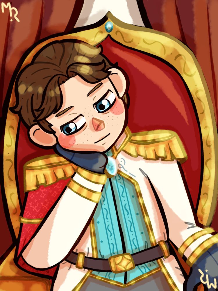 Henry, de piel pálida con un montón de pecas, ojos azules y cabello castaño, corto y ondulado, apoya la cabeza en una mano y desvía la mirada, perdido en sus pensamientos. Está sentado en su trono y lleva su atuendo formal, de chaqueta blanca, camisa azul y capa roja, con un montón de detalles dorados y bordados varios