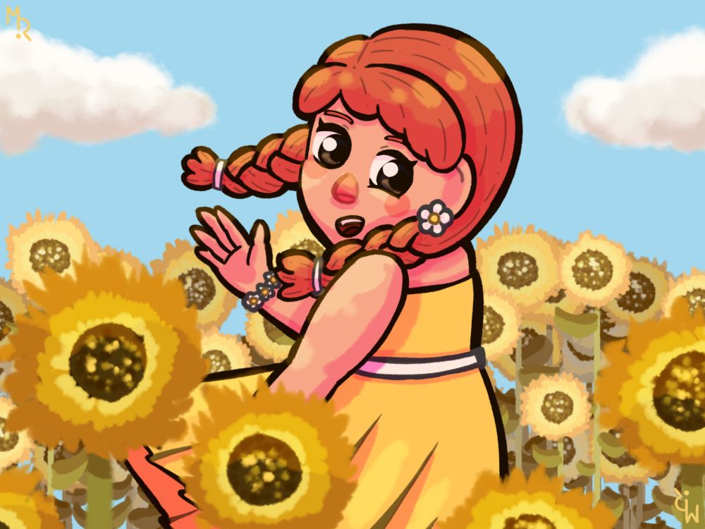 Inz, una chica de piel rosada, ojos oscuros y cabello pelirrojo sujeto en trenzas, se gira y mira a cámara. Lleva joyas de margaritas y un vestido amarillo. Se encuentra entre girasoles