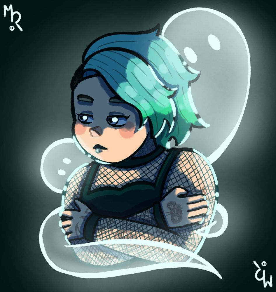 Rei, de cabello azul con puntas verdes, piel pálida y ojos grises, se cruza de brazos y mira hacia otro lado mientras dos fantasmas están intentando tocarle las narices. Lleva un top negro con varias transparencias, pintalabios negro y un piercing en el labio inferior. Bajo la red de las transparencias se intuyen varios tatuajes