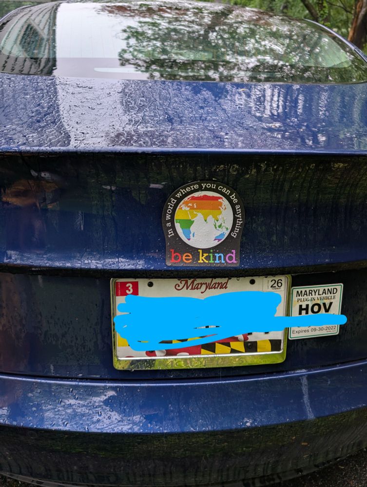Back of Tesla Model 3 with the T logo covered by a magnet with a rainbow map of the earth and text saying, 