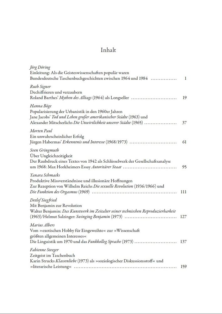Inhaltsverzeichnis Seite 1 des Sammelbandes Als die Geisteswissenschaften populär waren