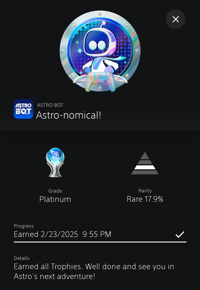 Screenshot showing the Platinum Trophy for Astro Bot