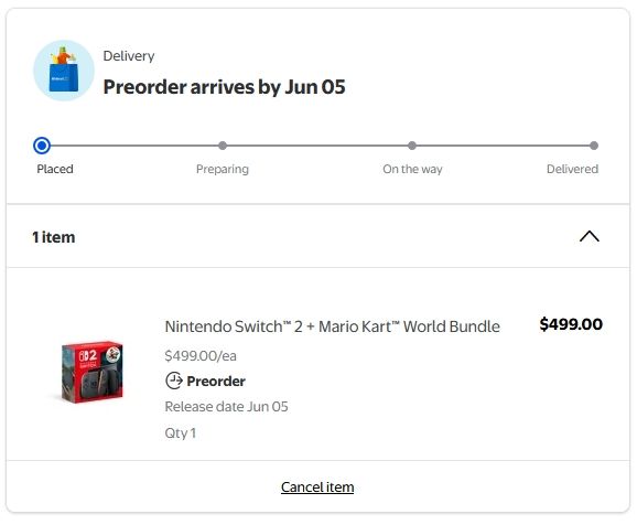 Screenshot of a Switch 2 + Mario Kart bundle preorder