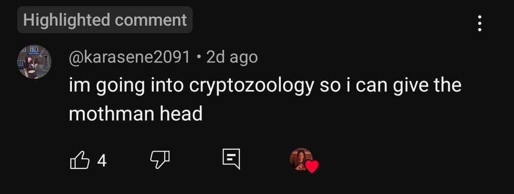 my comment on contrapoint's latest video about conspiracy theorists.
text: I'm going into cryptozoology so I can give the mothman head