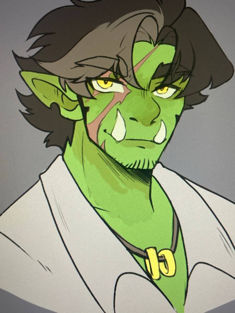 Kelsi! Very handsome half-orc with grayish brown hair with some lighter gray streaks. A lightning bolt like scar spans over the left side of his face. He wears a necklace that carries his parents’ wedding rings.
