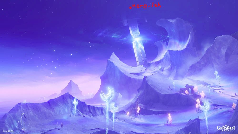 an estimate of where I took the screenshot at, way at the top of the glowy pillar rising from among the pale mountains. Everything is very serene and purple tinged. the location is marked by a red dot labeled "here-ish"