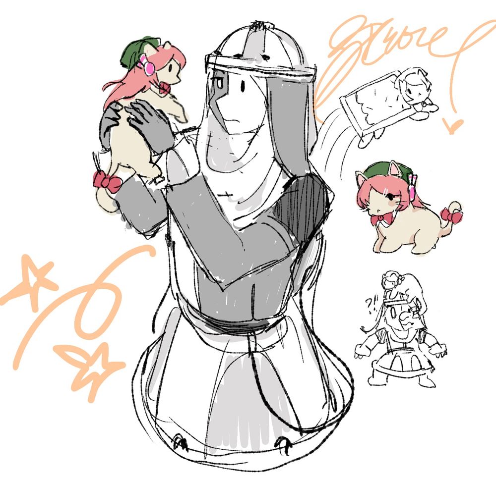SKEOULOID holds and observes a suspiciously momone momo shaped cat who then hops onto her bonnet unprompted. nyan cat in the background 
