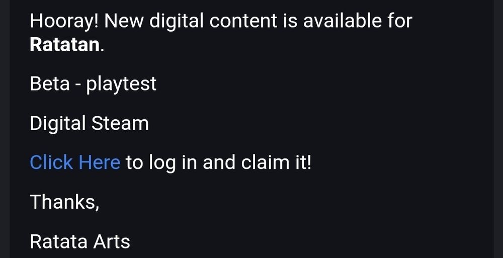 A screenshot from an email. It states that the Ratatan beta playtest is now available to be claimed