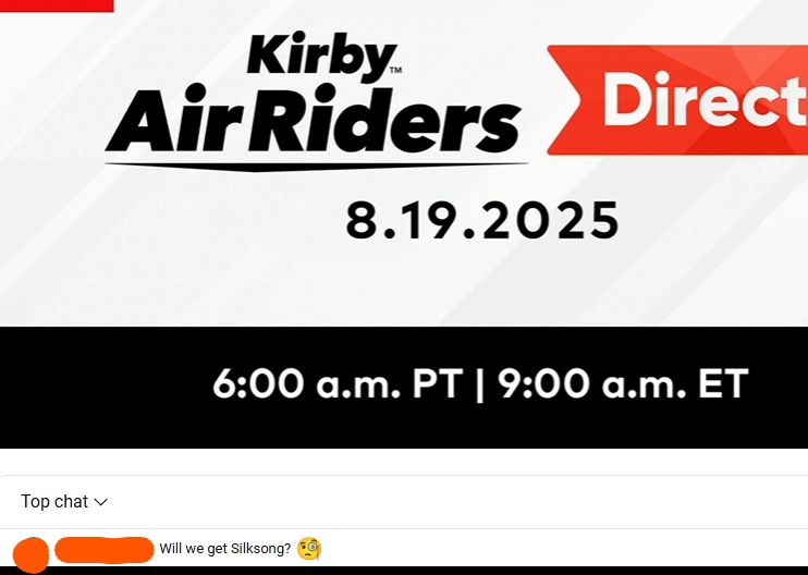 A screenshot from the Kirby Air Riders direct.  At the bottom is a comment that says "Will we get Silksong?"