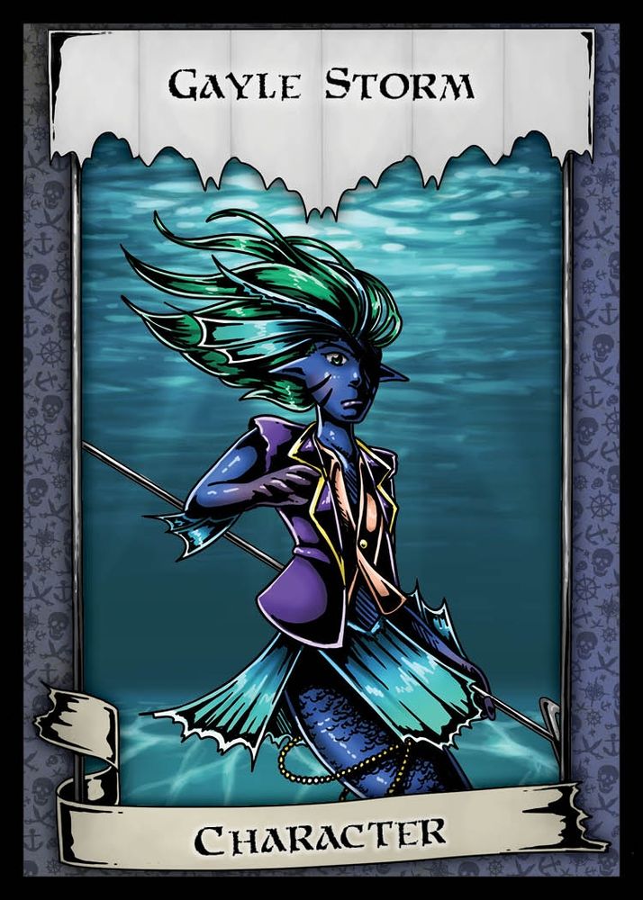 A merfolk with the title text Gayle Storm