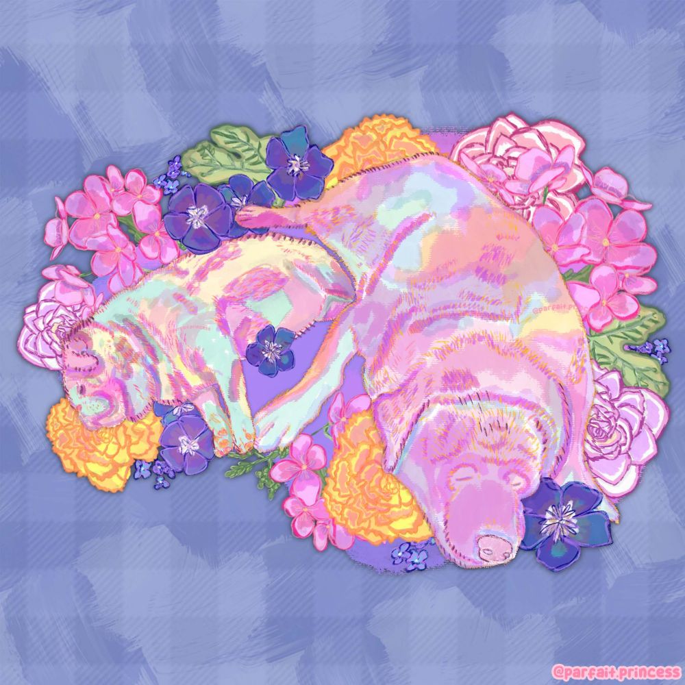 A periwinkle blue background with a slight white plaid. In the centre of the square is a set of two sleeping dogs drawn in bright colours such as blue, purple, pink and yellow. A pug on the left and Labrador on the right. The dogs are sleeping and look calm and tranquil. Surrounding them is an array of flowers in different hues; pink, deep blue, and saffron yellow. The piece emits a sense of tranquility and peace, both the dogs sleep with their eyes shut, one of their paws slightly crossing in the middle as if they are holding hands. 
