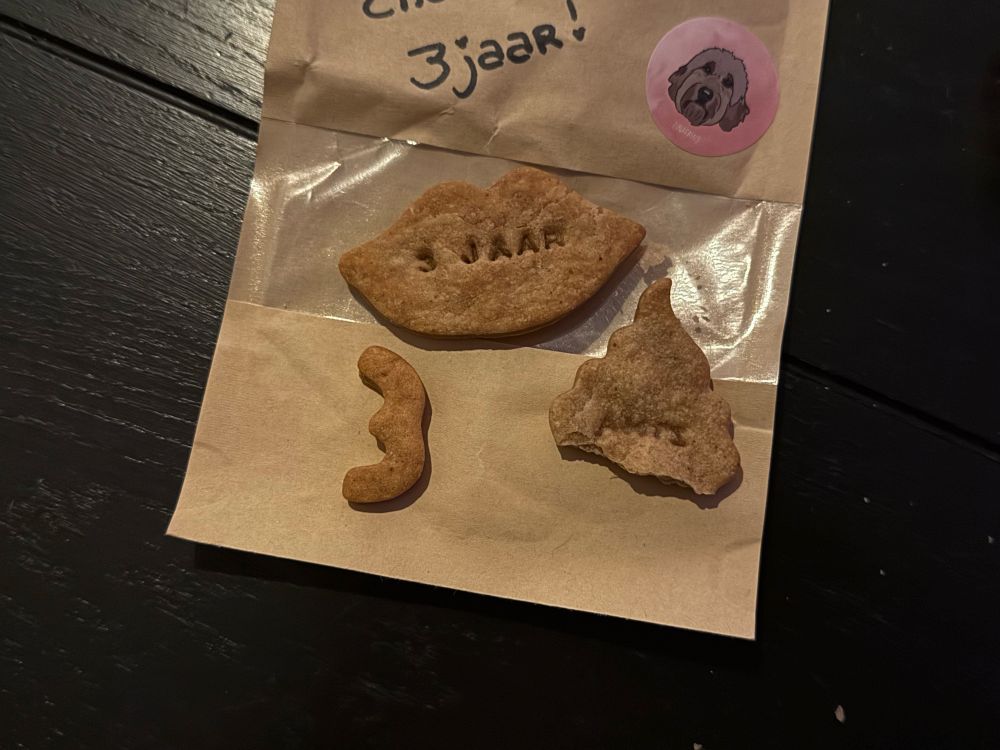 Hondenkoekjes in een zakje omdat hond Z 3 jaar is geworden. 