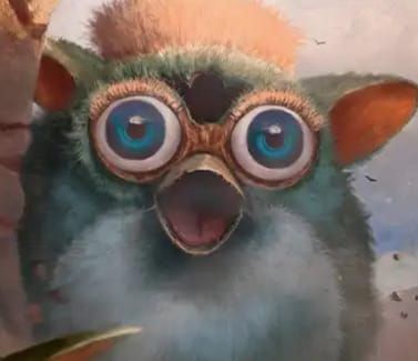 Bildausschnitt aus einer Magic Karte. Ein blassgrünes Furby schreit, seine runden Augen und sein Schnabel weit aufgerissen.