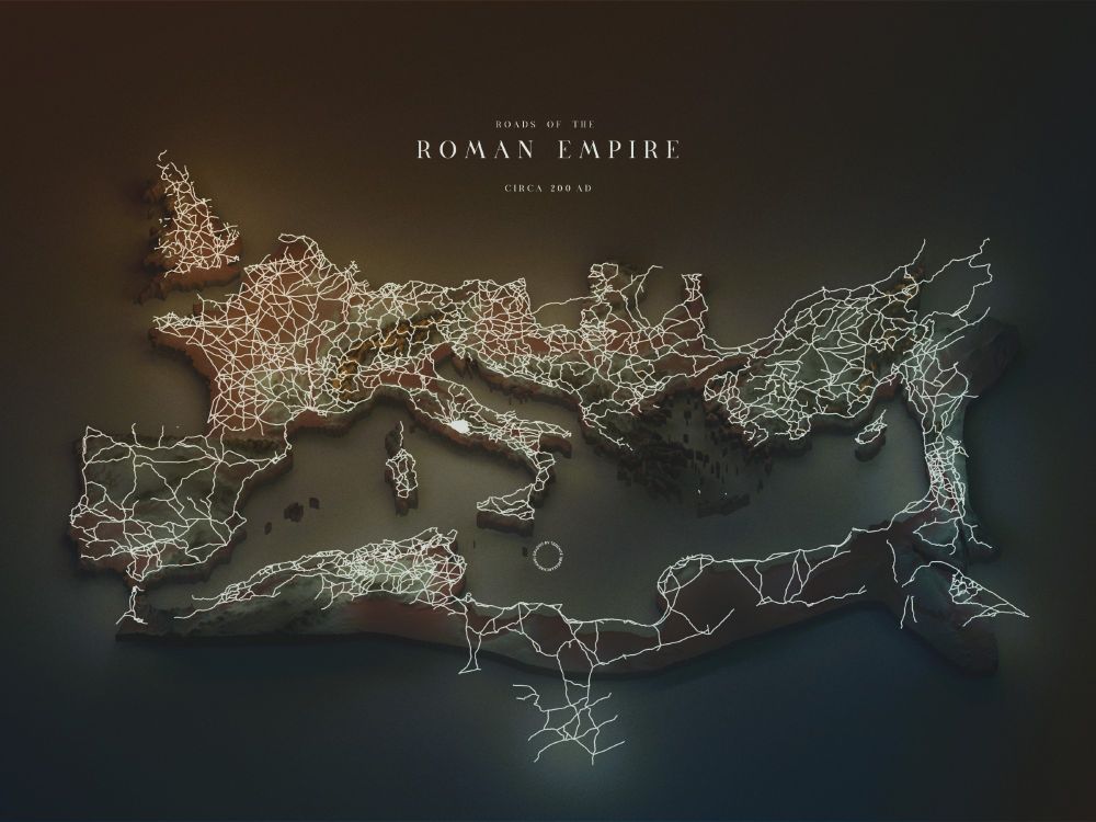 A map showing the roads of the Roman Empire as floating illuminated lines
