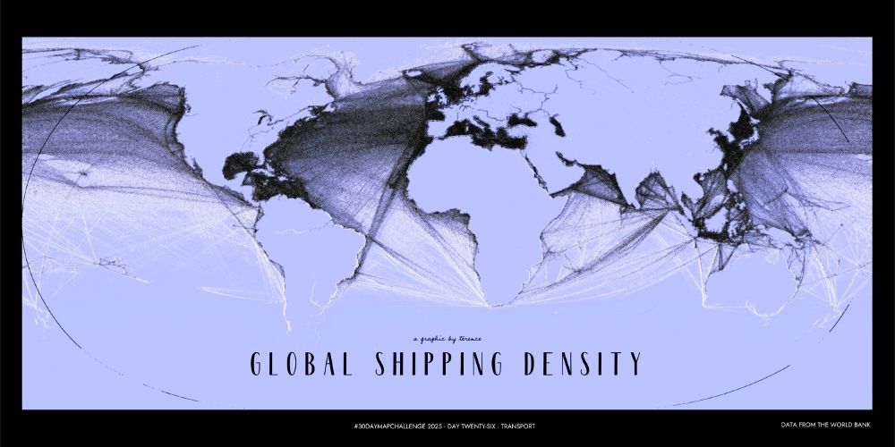 A visualisation of global shipping density as path-traced lines with realistic light and shadows